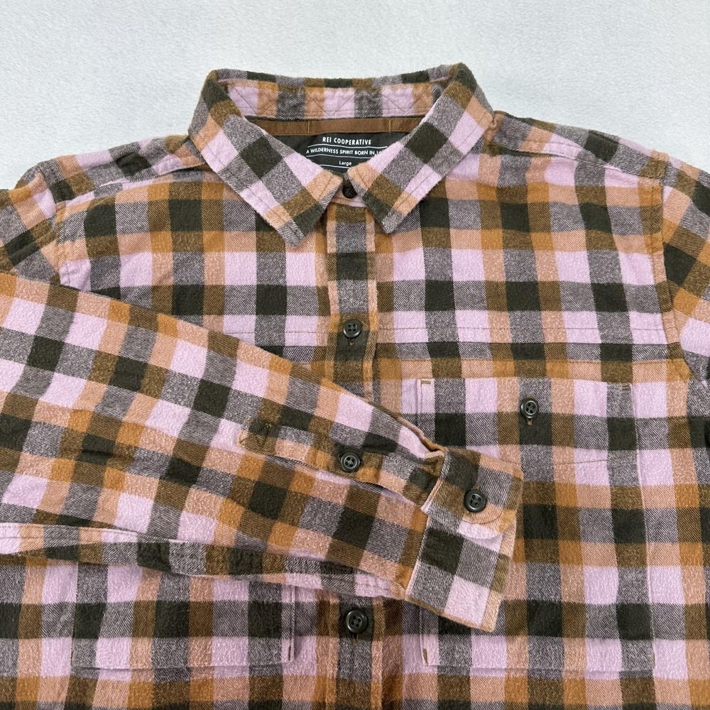REI Cooperative Shirt Mens Large Pink Brown Plaid Flannel Long Sleeve Button